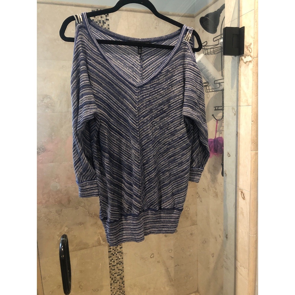 White House Black Market Blue Striped Cold Shoulder Metallic Sweater Top Medium